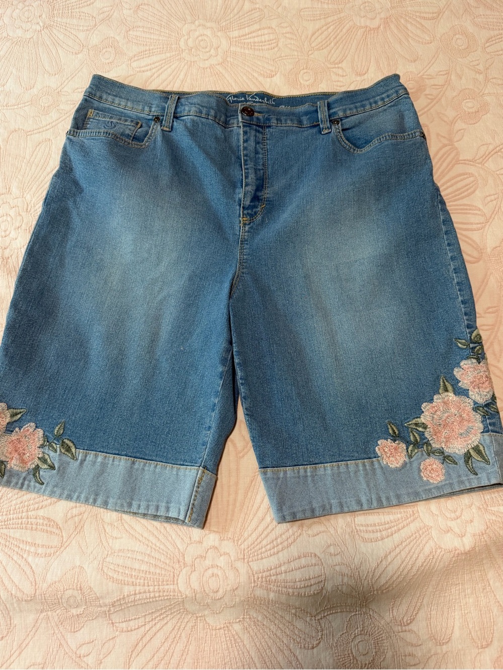 Gloria Vanderbilt Blue Denim Bermuda Shorts with Pink Floral Embroidery